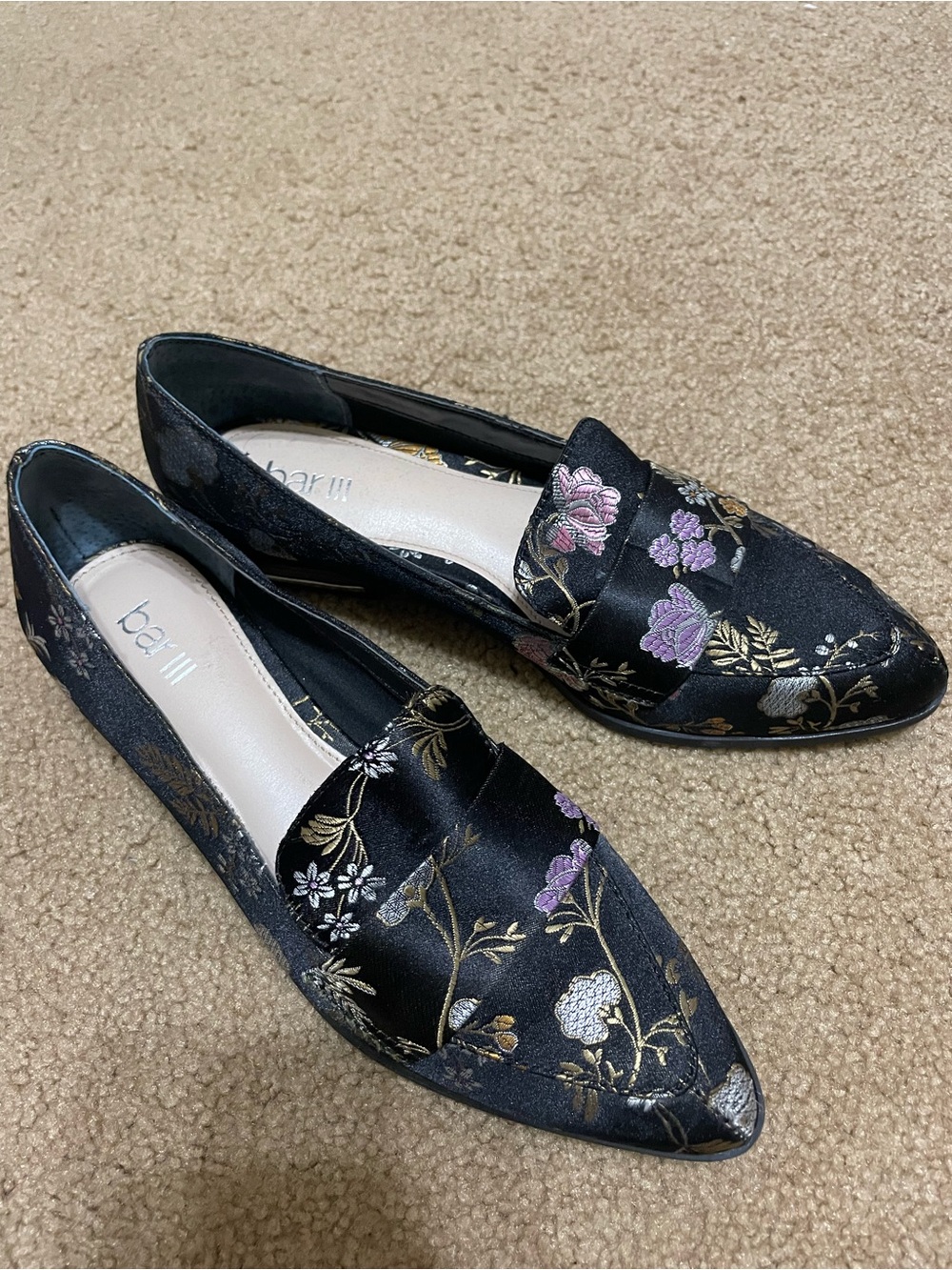 Bar III Black Satin Floral Loafers with Purple & Gold Accents